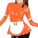 Sexy Maid Ruffle Top High Neck Frill Style Faux Latex Apron Tee Shirt Fancy Role Play Costume Shiny PVC Long Sleeve Maid Blouse