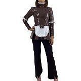 Sexy Maid Ruffle Top High Neck Frill Style Faux Latex Apron Tee Shirt Fancy Role Play Costume Shiny PVC Long Sleeve Maid Blouse