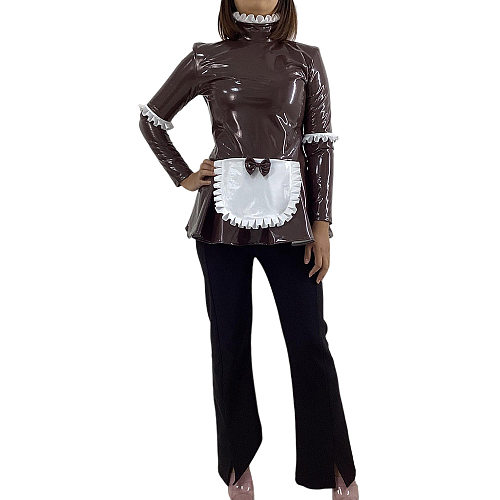 Sexy Maid Ruffle Top High Neck Frill Style Faux Latex Apron Tee Shirt Fancy Role Play Costume Shiny PVC Long Sleeve Maid Blouse