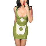 Tank Scoop Neck Sexy Nurse Dress Glossy PVC Halloween Cosplay Costumes Sleeveless Pencil Mini Dress with Apron Nurse Lingerie