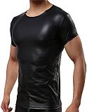 Sexy Men's Black T-Shirts Faux Leather Tops Short Sleeve Undershirt Clubwear