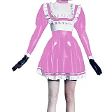 Sexy  Maid Dress Rubber Wet Look PVC Faux Sailor Japanese School Students Clothes with Trim Bow Back Zip Pleated Clubwear