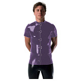 Gothic Punk Mens Latex Look T-shirt Coat Shiny PVC Leather Zipper with Buckles T-Shirts Club Costume Male Streetwear Jacket Tops