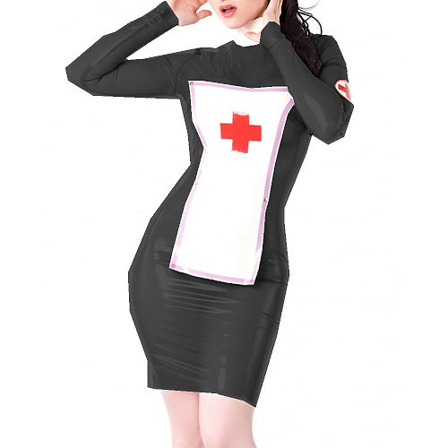 Sexy Nurse uniform Costume Patchwork Glossy Clear PVC Long Sleeve Skinny Mini Dress With Apron Erotic Cosplay Party Club S-7XL