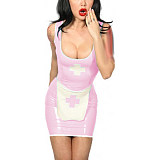 Tank Scoop Neck Sexy Nurse Dress Glossy PVC Halloween Cosplay Costumes Sleeveless Pencil Mini Dress with Apron Nurse Lingerie