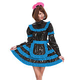 Sissy Lockable Pleated A-line Maid Dress Glossy PVC Leather Turtleneck Frills Apron Mini Maid Dress Servant Role Play Outfits