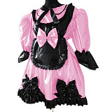 Lolita Peter Pan Collar Half Sleeve Black Frills Shiny PVC Maid Dress Unique Vinyl Glossy Leather Maid Fancy Cosplay Costume Set