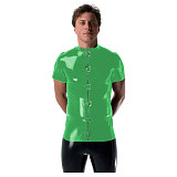 Gothic Punk Mens Latex Look T-shirt Coat Shiny PVC Leather Zipper with Buckles T-Shirts Club Costume Male Streetwear Jacket Tops