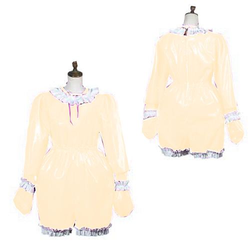 Sissy Bodysuit Adult Baby PVC Long Sleeve Ruffle Jumpsuit O Neck Gay Back Zipper Pleated Pajamas Cosplay Uniform Maid Jumpsuit