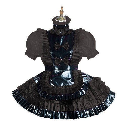 Sissy Lockable Black PVC Patchwork Maid Unifroms Fetish Clear Plastic Maid Dress with Apron Puff Short Sleeve Frills Maid Dress