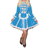 Lockable Maid Cosplay Costume Uniform Stand Neck Front Zip Long Sleeve Patchwork Lace Mini Dress With Apron Sissy Female Dress
