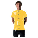 Gothic Punk Mens Latex Look T-shirt Coat Shiny PVC Leather Zipper with Buckles T-Shirts Club Costume Male Streetwear Jacket Tops