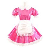 Lady Cute Doll Collar French Maid Mini Club Dress Women Summer Sissy Cosplay Sexy Short Sleeve Patent Leather Dresses with Apron