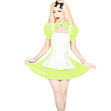 Shiny PVC Lolita 3Pcs Maid Uniforms Puff Short Sleeve Jacket Sleeveless Mini Dress Lace-up Apron Sweet Maid Cosplay Costume