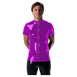 Gothic Punk Mens Latex Look T-shirt Coat Shiny PVC Leather Zipper with Buckles T-Shirts Club Costume Male Streetwear Jacket Tops