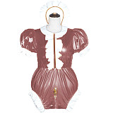 Maids Lockable Crotch Jumpsuits Rompers Sexy Cross Dressing Puff Short Sleeve Maid Cosplay Costumes Sissy Wetlook PVC Bodysuit