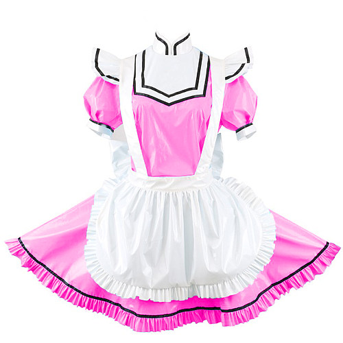 Elegant Splicing Women French Maid Cosplay Mini Dress Short Sleeve High Neck Bodycon Dress PVC Lolita Exotic Dresses With Apron