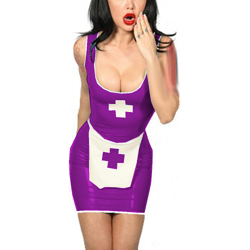 Tank Scoop Neck Sexy Nurse Dress Glossy PVC Halloween Cosplay Costumes Sleeveless Pencil Mini Dress with Apron Nurse Lingerie