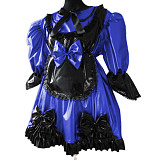 Lolita Peter Pan Collar Half Sleeve Black Frills Shiny PVC Maid Dress Unique Vinyl Glossy Leather Maid Fancy Cosplay Costume Set