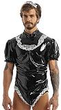 21 Color Sexy Men Maid Cosplay Costume Wetlook Puff Sleeve High Cut PVC Bodysuit