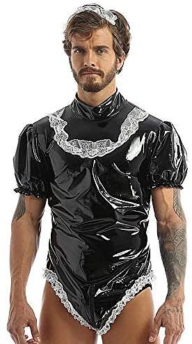 21 Color Sexy Men Maid Cosplay Costume Wetlook Puff Sleeve High Cut PVC Bodysuit