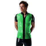 Mens Sexy See Through Jackets Clear PVC Patchwork T-shirt Fetish Plastic Stand Collar Club Tops Punk Style Front Zipper Tops