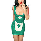 Tank Scoop Neck Sexy Nurse Dress Glossy PVC Halloween Cosplay Costumes Sleeveless Pencil Mini Dress with Apron Nurse Lingerie