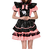 Lockable French Maid Role Play Mini Dress with Apron Sissy PVC Gothic Lace Trims Dress Uniform Cosplay Costumes Anime Unisex 7XL