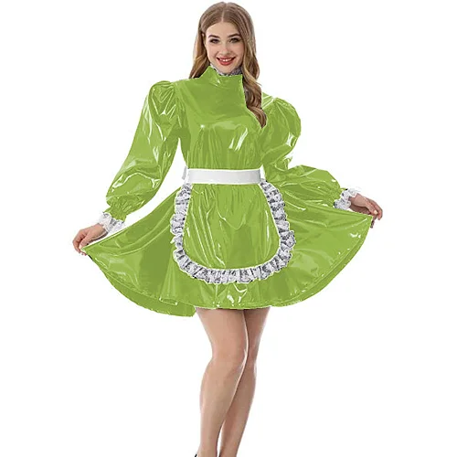 PVC Lovely Puff Sleeve Adult Maid Dress Elegant Kawaii Lolita Gothic Sissy Dress Party Halloween Costume XS-7XL Lockable Dresses