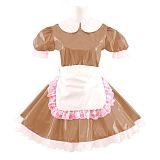 Lady Cute Doll Collar French Maid Mini Club Dress Women Summer Sissy Cosplay Sexy Short Sleeve Patent Leather Dresses with Apron