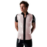 Mens Sexy See Through Jackets Clear PVC Patchwork T-shirt Fetish Plastic Stand Collar Club Tops Punk Style Front Zipper Tops