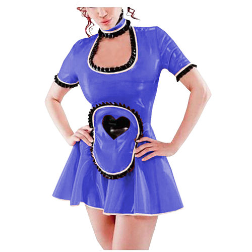 Sexy Lolita Exotic Maid Costumes High Neck Short Sleeve Frills PVC Maid Dress Apron with Hearts Trims Fancy Cosplay Maid Dress