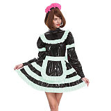 Sissy Lockable Pleated A-line Maid Dress Glossy PVC Leather Turtleneck Frills Apron Mini Maid Dress Servant Role Play Outfits