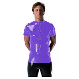 Gothic Punk Mens Latex Look T-shirt Coat Shiny PVC Leather Zipper with Buckles T-Shirts Club Costume Male Streetwear Jacket Tops