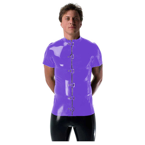 Gothic Punk Mens Latex Look T-shirt Coat Shiny PVC Leather Zipper with Buckles T-Shirts Club Costume Male Streetwear Jacket Tops