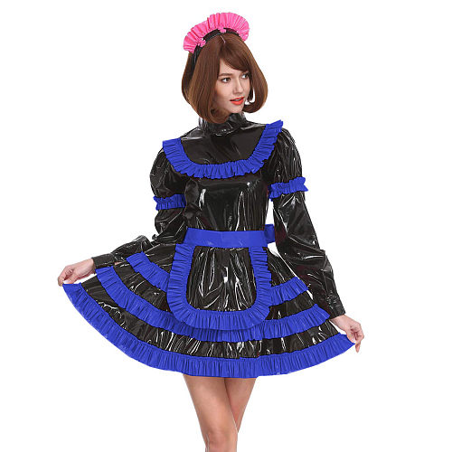Sissy Lockable Pleated A-line Maid Dress Glossy PVC Leather Turtleneck Frills Apron Mini Maid Dress Servant Role Play Outfits