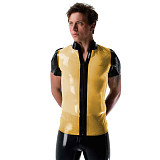 Mens Sexy See Through Jackets Clear PVC Patchwork T-shirt Fetish Plastic Stand Collar Club Tops Punk Style Front Zipper Tops