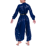 Mens PVC Shiny Loose Jumpsuit Sexy Oversized One-piece Bloomer Rompers Male Mock Neck Long Puff Sleeve Wet Look Body Suit Zentai