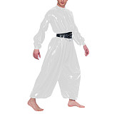 Mens PVC Shiny Loose Jumpsuit Sexy Oversized One-piece Bloomer Rompers Male Mock Neck Long Puff Sleeve Wet Look Body Suit Zentai