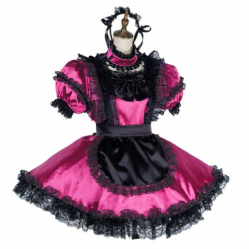 Sissy Black Lace Lockable Maid Dress Uniform Short Puff Sleeve Satin Exotic Maid Dress with Apron Sexy Cosplay Costume Dress