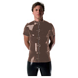 Gothic Punk Mens Latex Look T-shirt Coat Shiny PVC Leather Zipper with Buckles T-Shirts Club Costume Male Streetwear Jacket Tops