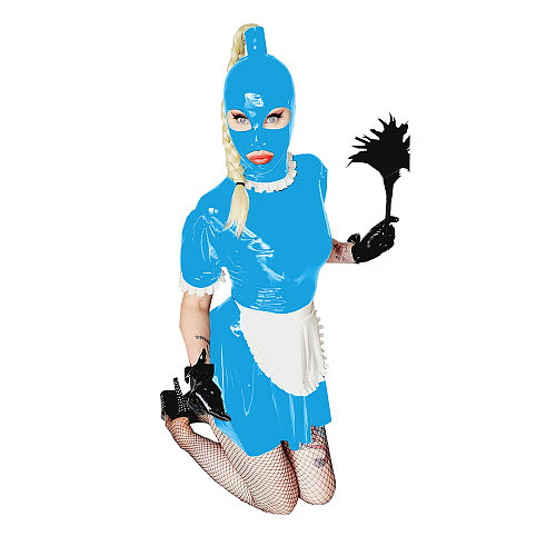 Shiny PVC Wet Look Maid Dress With Apron And Mask Puff Sleeve Sexy A-line Maid Dress Sissy Dress Suit Cosplay Halloween Outfit