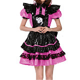 Lockable French Maid Role Play Mini Dress with Apron Sissy PVC Gothic Lace Trims Dress Uniform Cosplay Costumes Anime Unisex 7XL