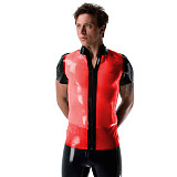 Mens Sexy See Through Jackets Clear PVC Patchwork T-shirt Fetish Plastic Stand Collar Club Tops Punk Style Front Zipper Tops