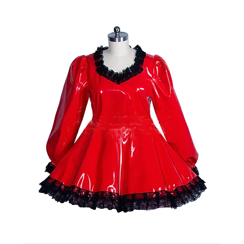 Cute Women's Lolita PVC Dress Sweet Black Lace A-line Vinyl Dress Lockable Maid Uniform Gothic Plus Size Long sleeve Sissy Dress
