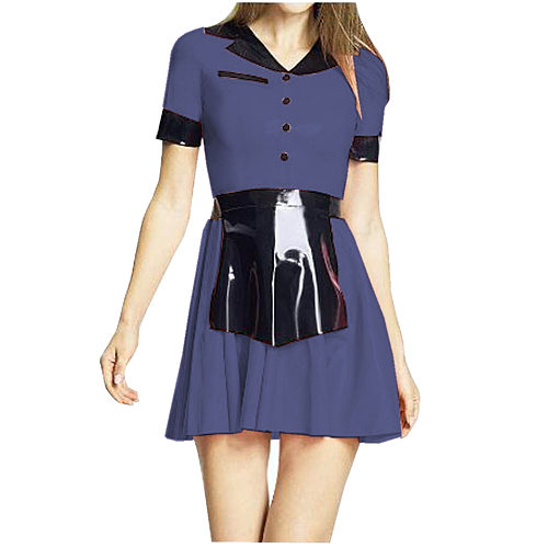 Turn-down Collar Shiny PVC French Maid Dress Short Sleeve Mini A-line Dress with Apron Outfits Halloween Cosplay Costumes 7XL