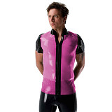 Mens Sexy See Through Jackets Clear PVC Patchwork T-shirt Fetish Plastic Stand Collar Club Tops Punk Style Front Zipper Tops