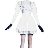 Sexy  Maid Dress Rubber Wet Look PVC Faux Sailor Japanese School Students Clothes with Trim Bow Back Zip Pleated Clubwear