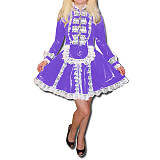 Lockable Maid Cosplay Costume Uniform Stand Neck Front Zip Long Sleeve Patchwork Lace Mini Dress With Apron Sissy Female Dress