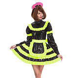 Sissy Lockable Pleated A-line Maid Dress Glossy PVC Leather Turtleneck Frills Apron Mini Maid Dress Servant Role Play Outfits